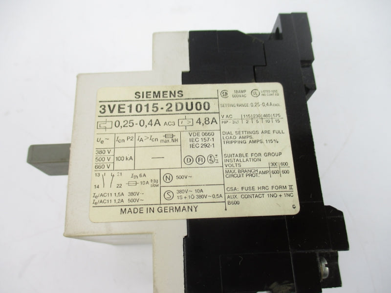 SIEMENS 3VE1015-2DU00 660V 0.4/0.25A UNMP