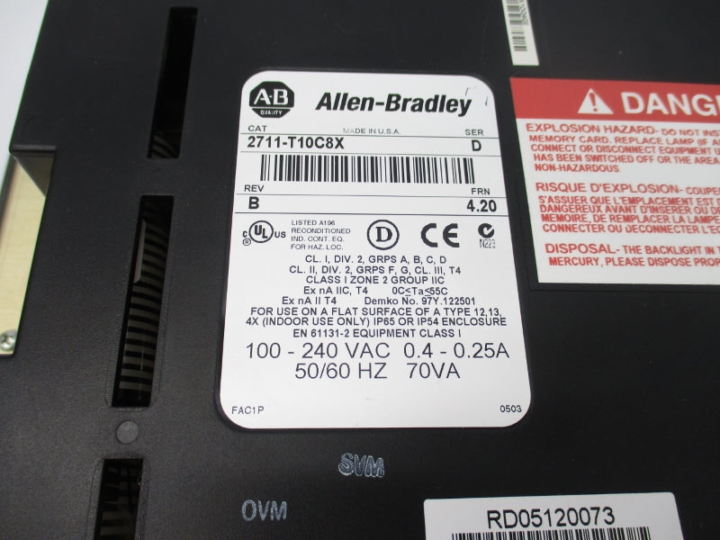 ALLEN BRADLEY 2711-T10C8X SER. D F/W 4.20 100-240VAC 0.4-0.25A UNMP