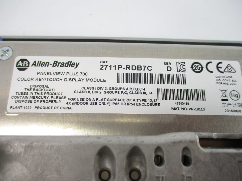 ALLEN BRADLEY 2711P-RDB7C SER. D 100-240VAC 1.3-0.65A NSNP