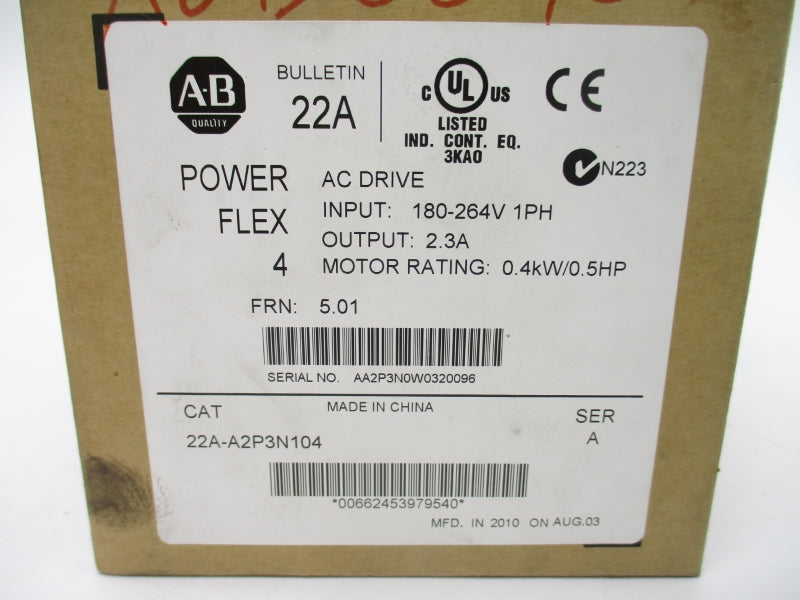 ALLEN BRADLEY 22A-A2P3N104 SER. A F/W 5.01 180-264V 6.0A NSMP
