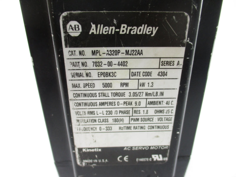 ALLEN BRADLEY MPL-A320P-MJ22AA 7032-00-4402 SER. A 230V 9.0A 5000RPM UNMP