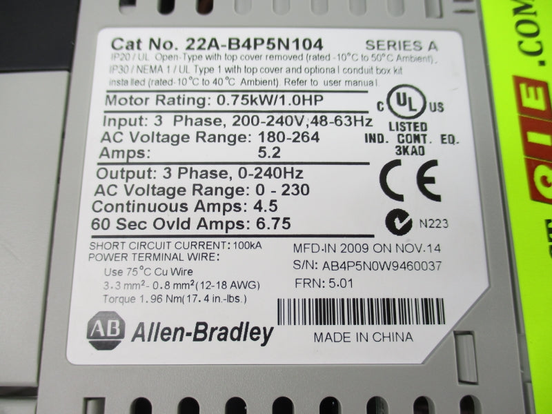 ALLEN BRADLEY 22A-B4P5N104 SER. A F/W 5.01 180-264VAC 5.2A NSNP