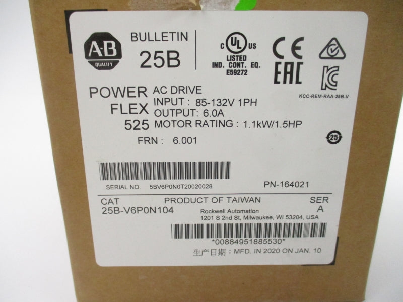 ALLEN BRADLEY 25B-V6P0N104 SER. A F/W 6.001 85-132V 6.0A (BR/WH) NSMP