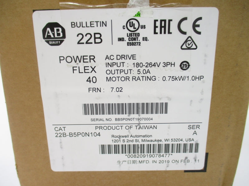 ALLEN BRADLEY 22B-B5P0N104 SER. A F/W 7.02 180-264V 5.7A (BR/WH) NSMP