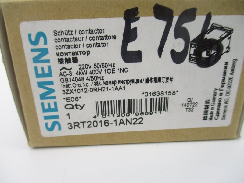 SIEMENS 3RT2016-1AN22 220V 20A NSMP