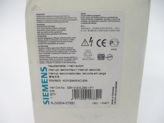 SIEMENS 3LD2504-0TK51 690V 53A NSMP