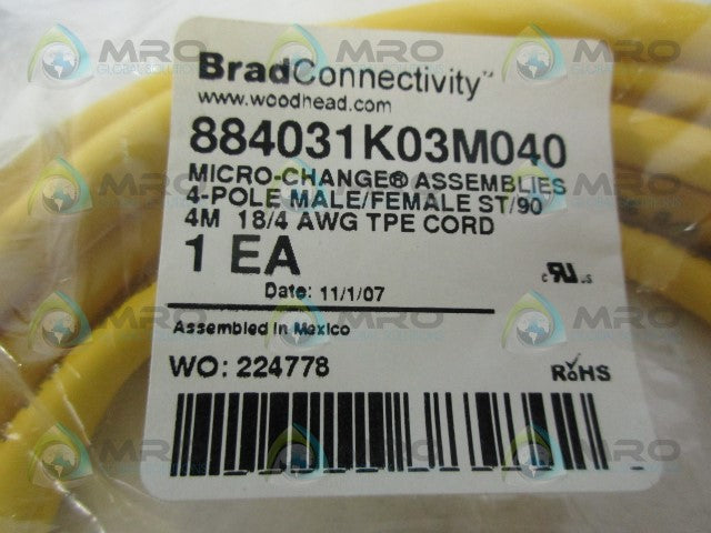 DANIEL WOODHEAD 884031K03M040 4P MALE/FEMALE STRAIGHT CABLE *NEW IN FACTORY BAG*