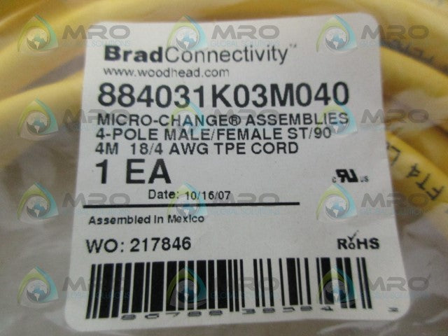 DANIEL WOODHEAD 884031K03M040 4P MALE/FEMALE TPE CORD *NEW IN FACTORY BAG*