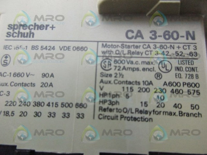 SPRECHER+SCHUH CA3-60-120-N0 CONTACTOR *NEW IN BOX*