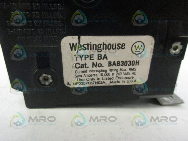 WESTINGHOUSE BAB3030H 30AMP 3POLE CIRCUIT BREAKER *USED*