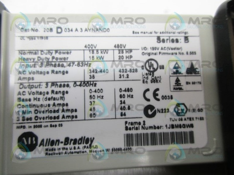 ALLEN BRADLEY 20BD034A3AYNAND0 SER B POWERFLEX *USED*