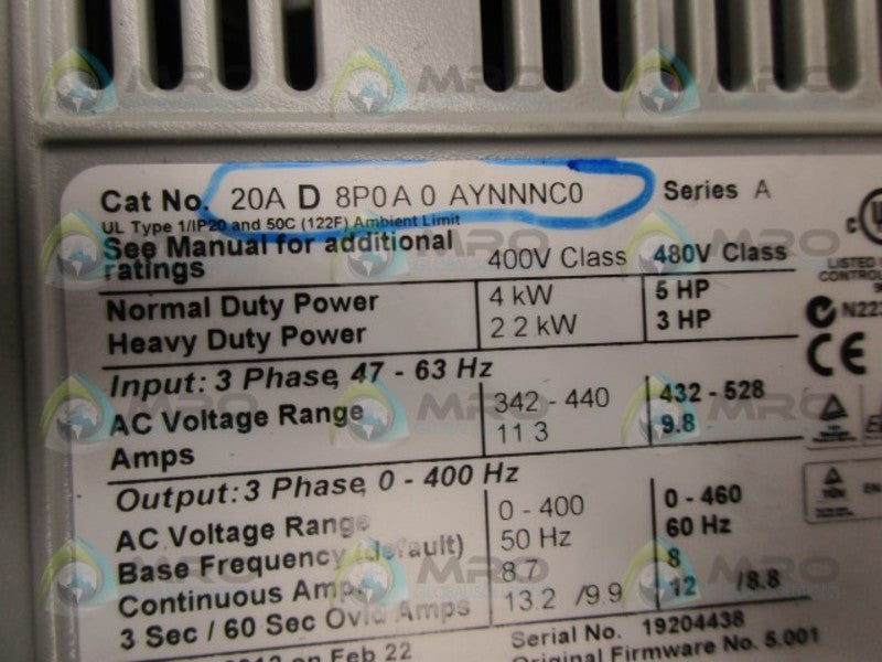 ALLEN BRADLEY 20AD8P0A0AYNNNC0 POWERFLEX *NEW NO BOX*