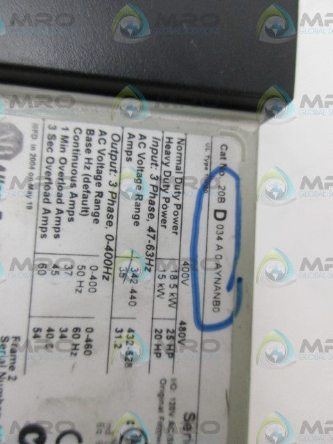 ALLEN BRADLEY 20BD034A0AYNANB0 POWERFLEX 70 DRIVE (AS PICTURED) *USED*