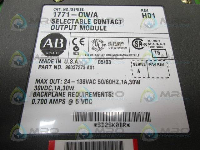 ALLEN BRADLEY 1771-OW/A SELECTABLE CONTACT OUTPUT MODULE *USED*