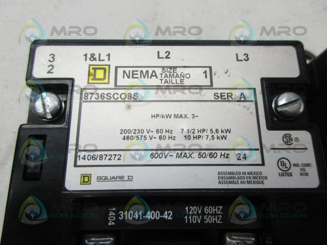 SQUARE D 8736SC08S COIL REVERSING STARTER W/OUT HEATER *USED*