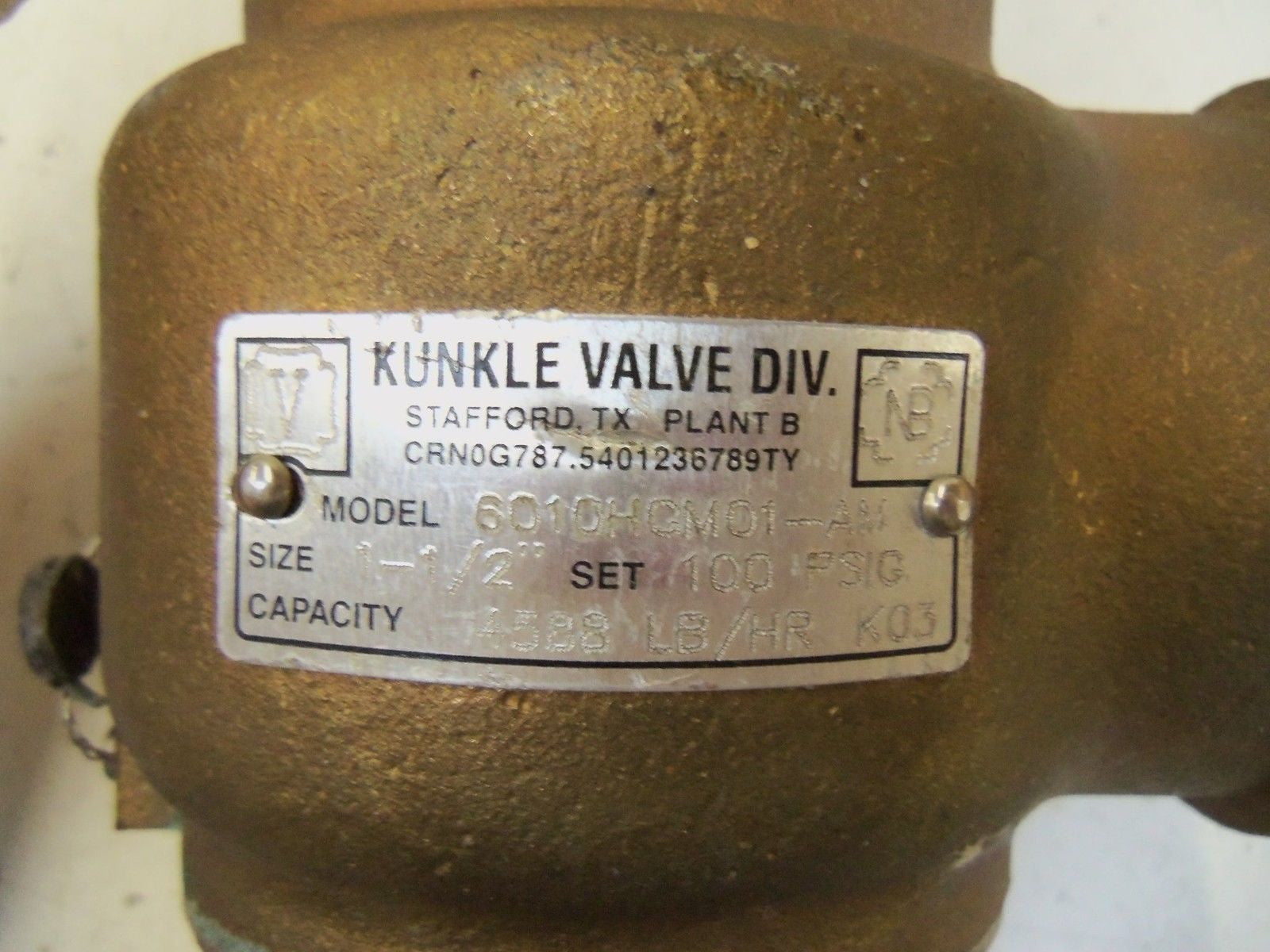 KUNKLE VALVE 6010HGM01-AM VALVE 1-1/2: 100PSIG *NEW NO BOX*