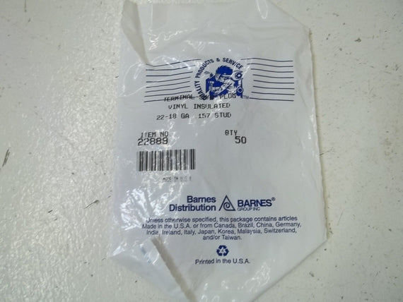 LOT OF 100 BARNER GROUP INC. 22-18 TERMINAL-SNAP PLUG *NEW IN A FACTORY BAG*
