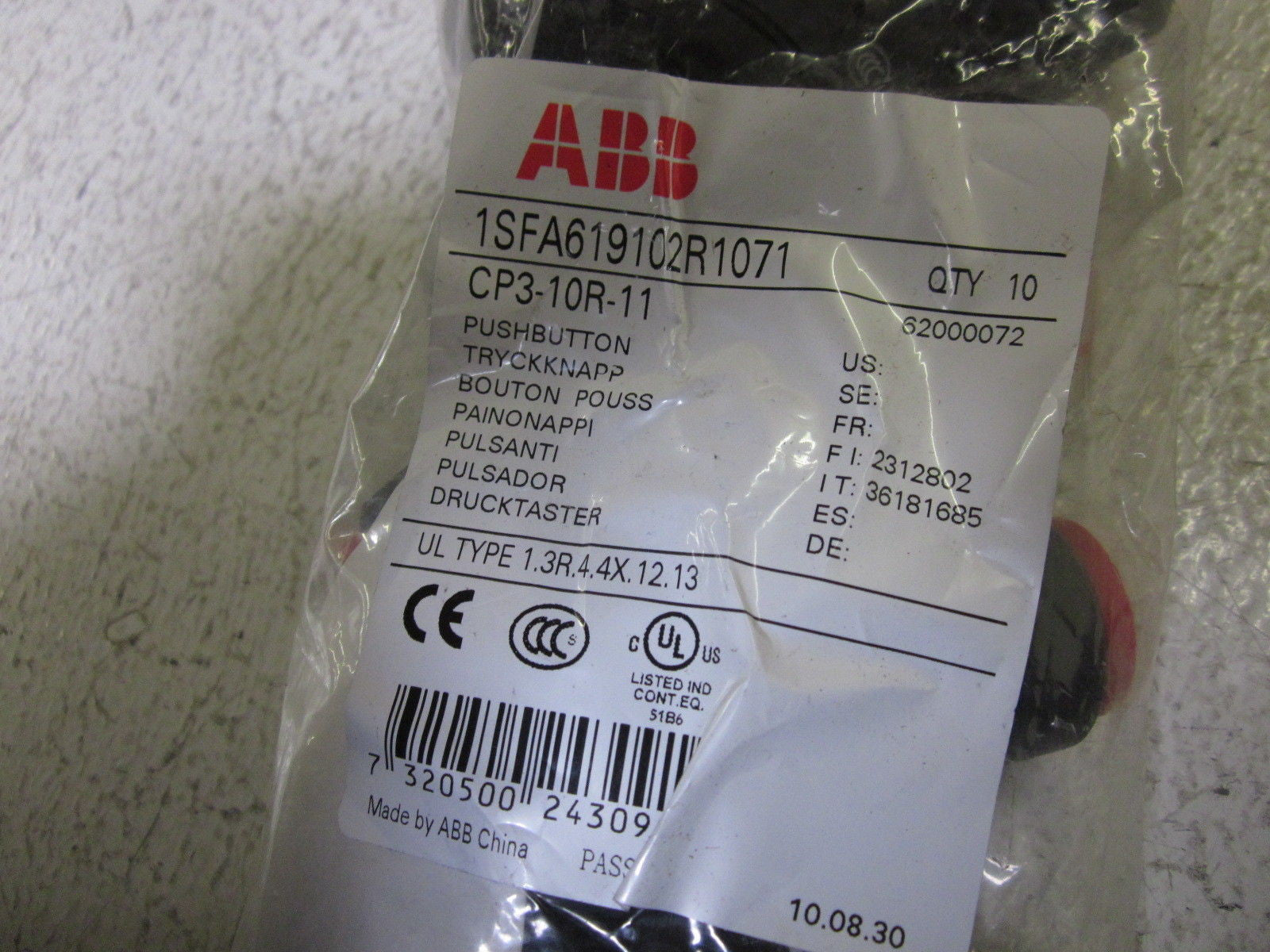 LOT OF 10 ABB 1SFA619102R1071 PUSH BUTTON *NEW IN A FACTORY BAG*