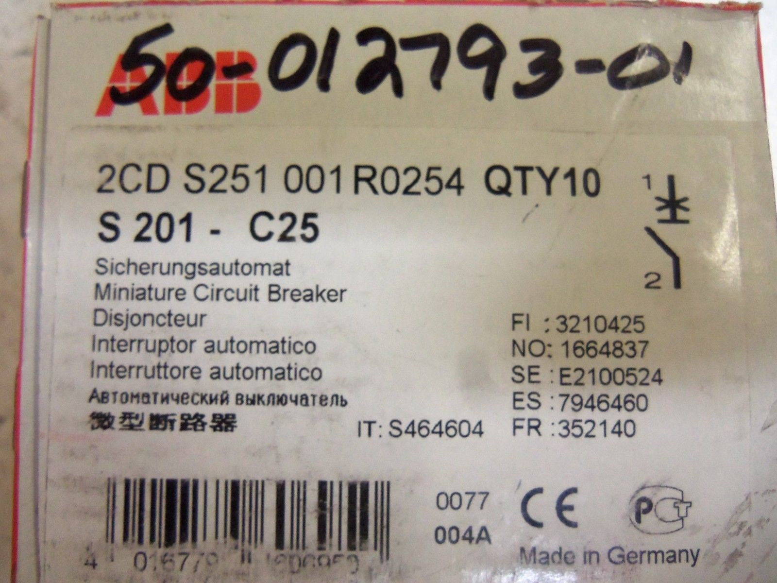 LOT OF 10 ABB S201-C25 CIRCUIT BREAKER *NEW IN BOX*