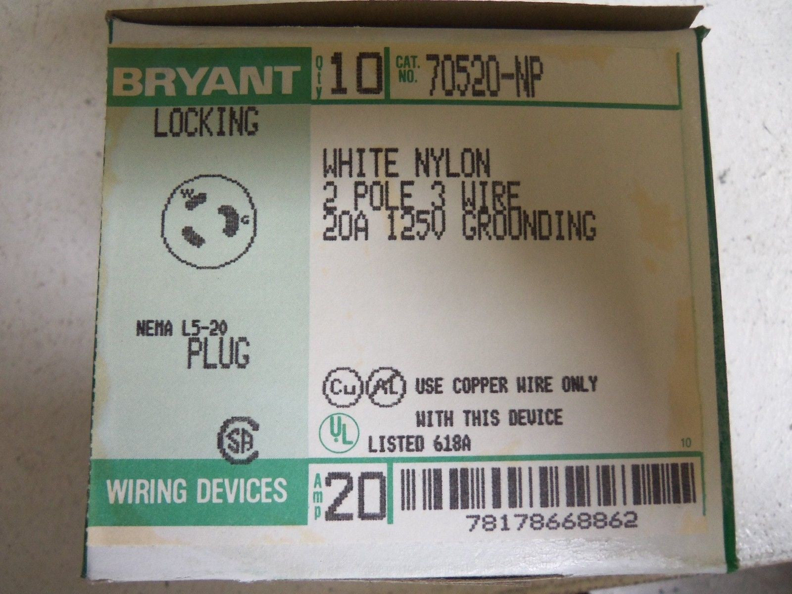 LOT OF 10 BRYANT 70520-NP PLUG *NEW IN BOX*