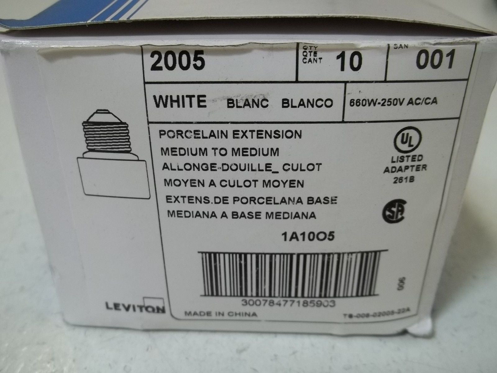 LOT OF 10 LEVITON 2005 PORCELAIN EXTENSION WHITE *NEW IN BOX*