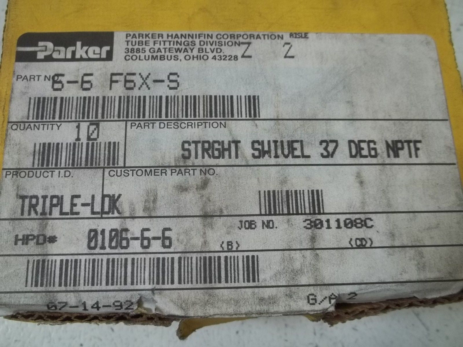 LOT OF 10 PARKER 6-6F6X-S STRAIGHT SWIVEL *NEW IN BOX*
