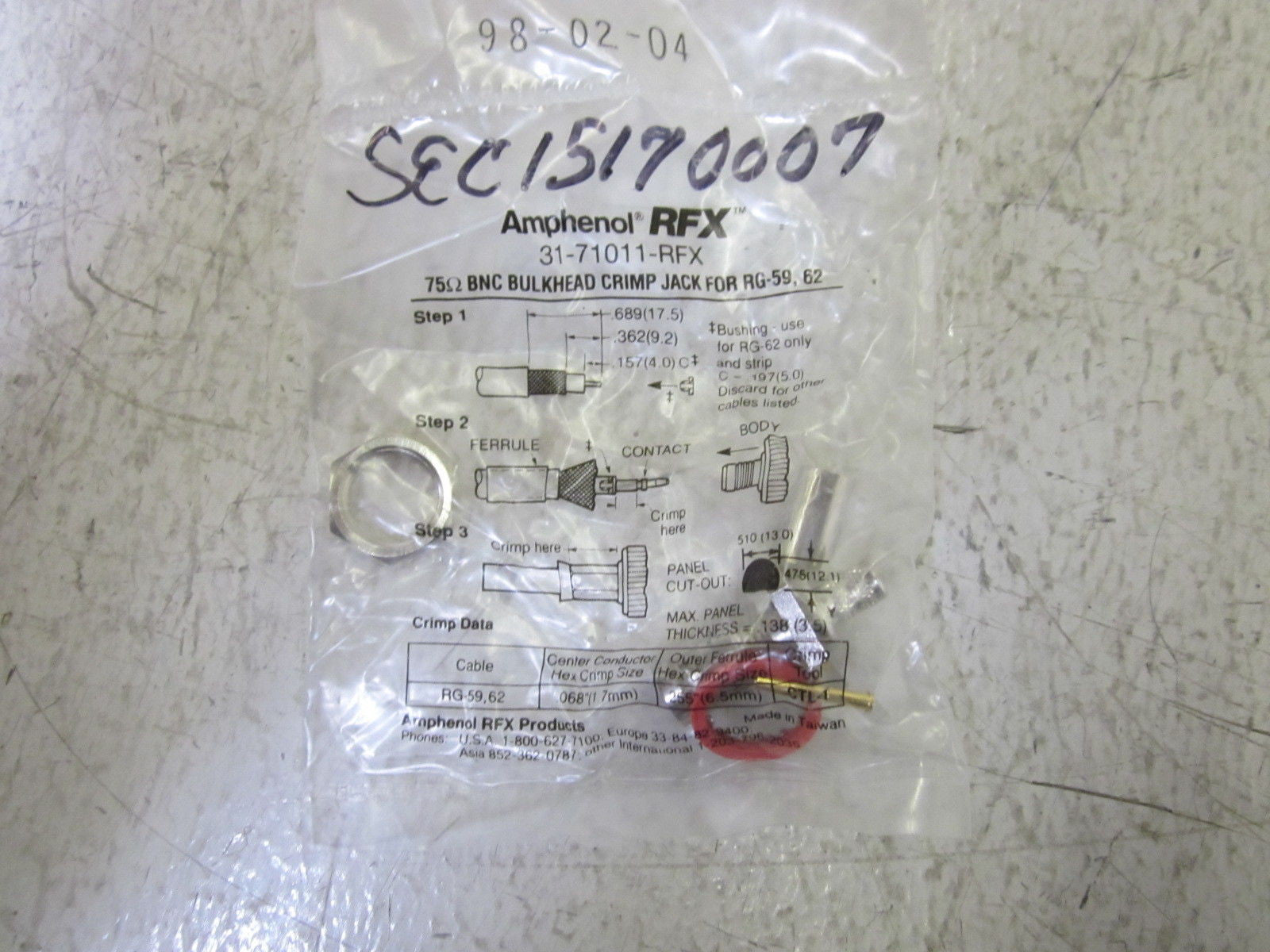 LOT OF 19 AMPHENOL RFX 31-71011-RFX BNC BULKHEAD CRIMP JACK *NEW IN FACTORY BAG*