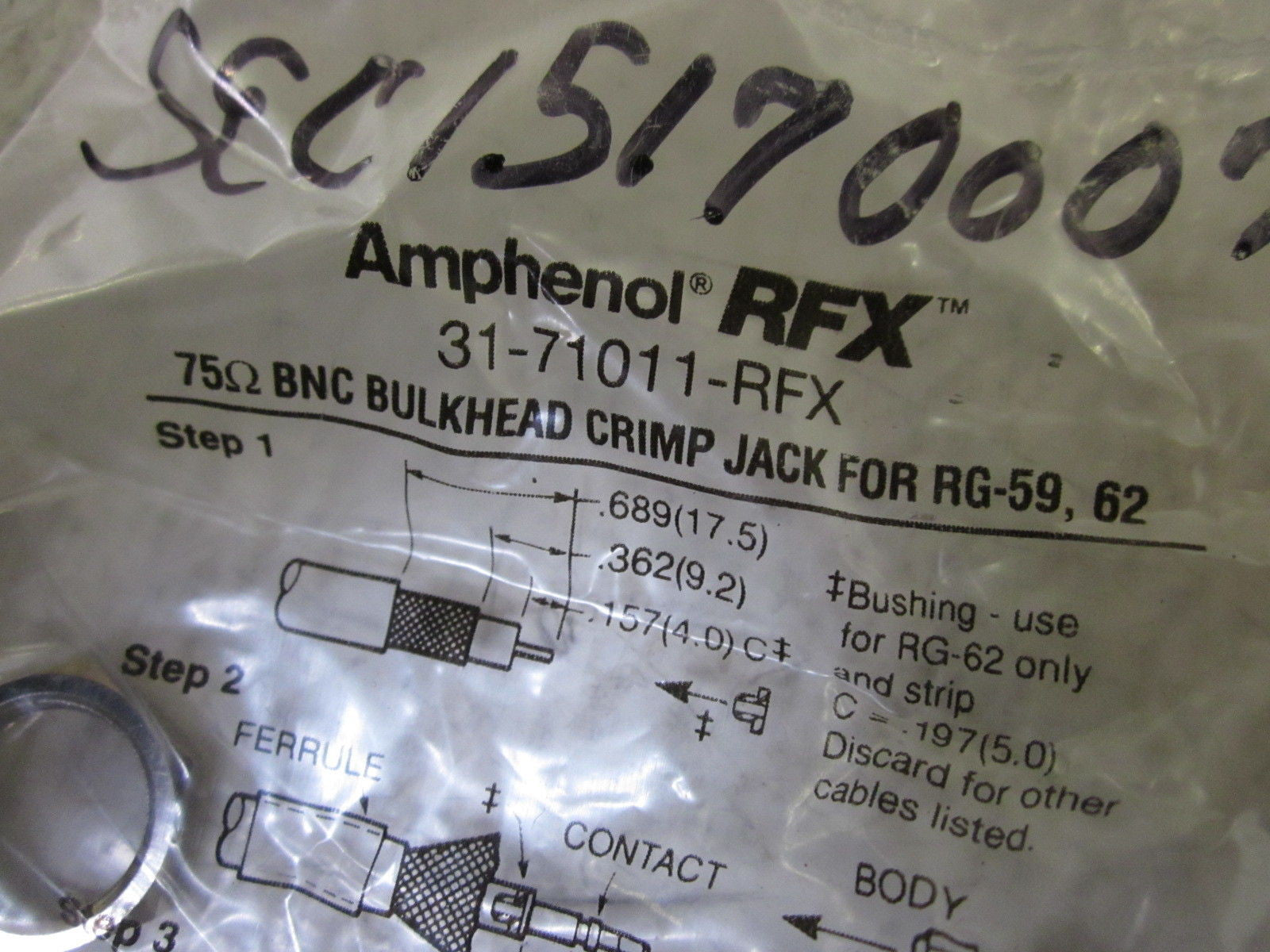 LOT OF 19 AMPHENOL RFX 31-71011-RFX BNC BULKHEAD CRIMP JACK *NEW IN FACTORY BAG*