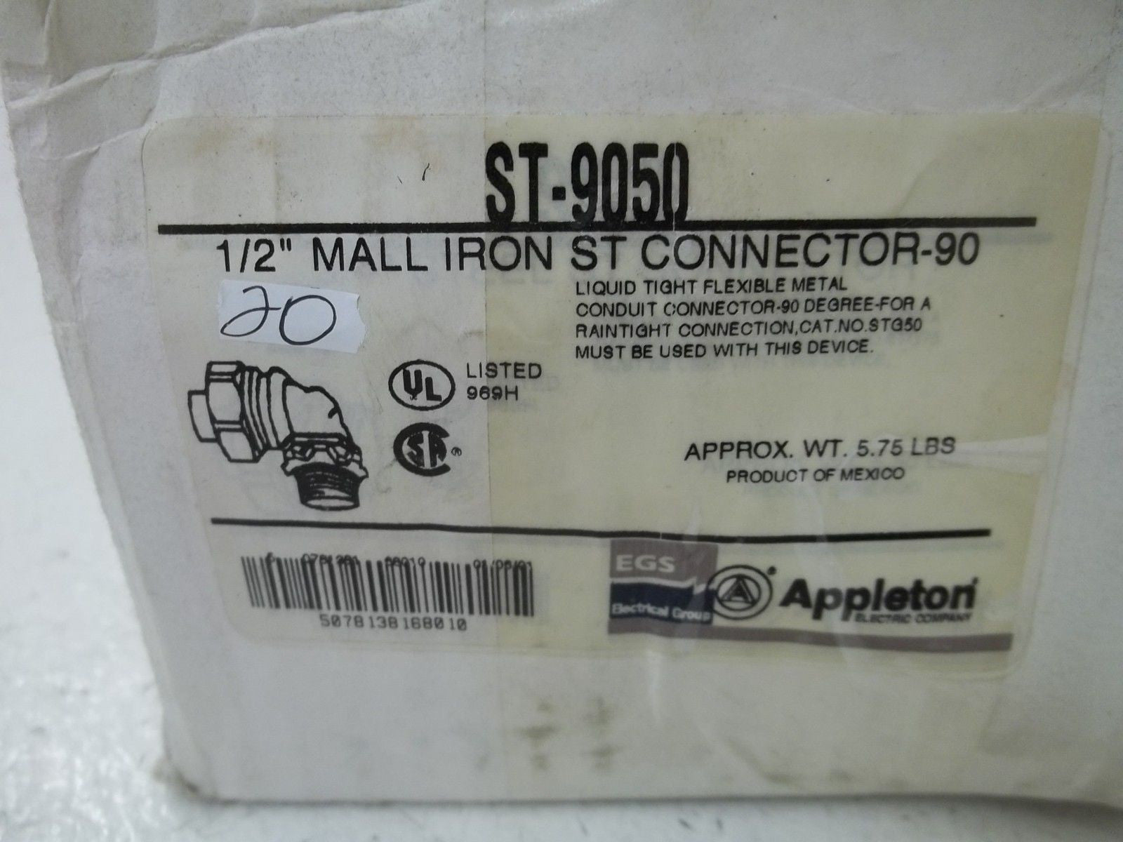 LOT OF 20 APPLETON ST-9050 1/2" MALL IRON ST CONNECTOR-90 *NEW IN BOX*