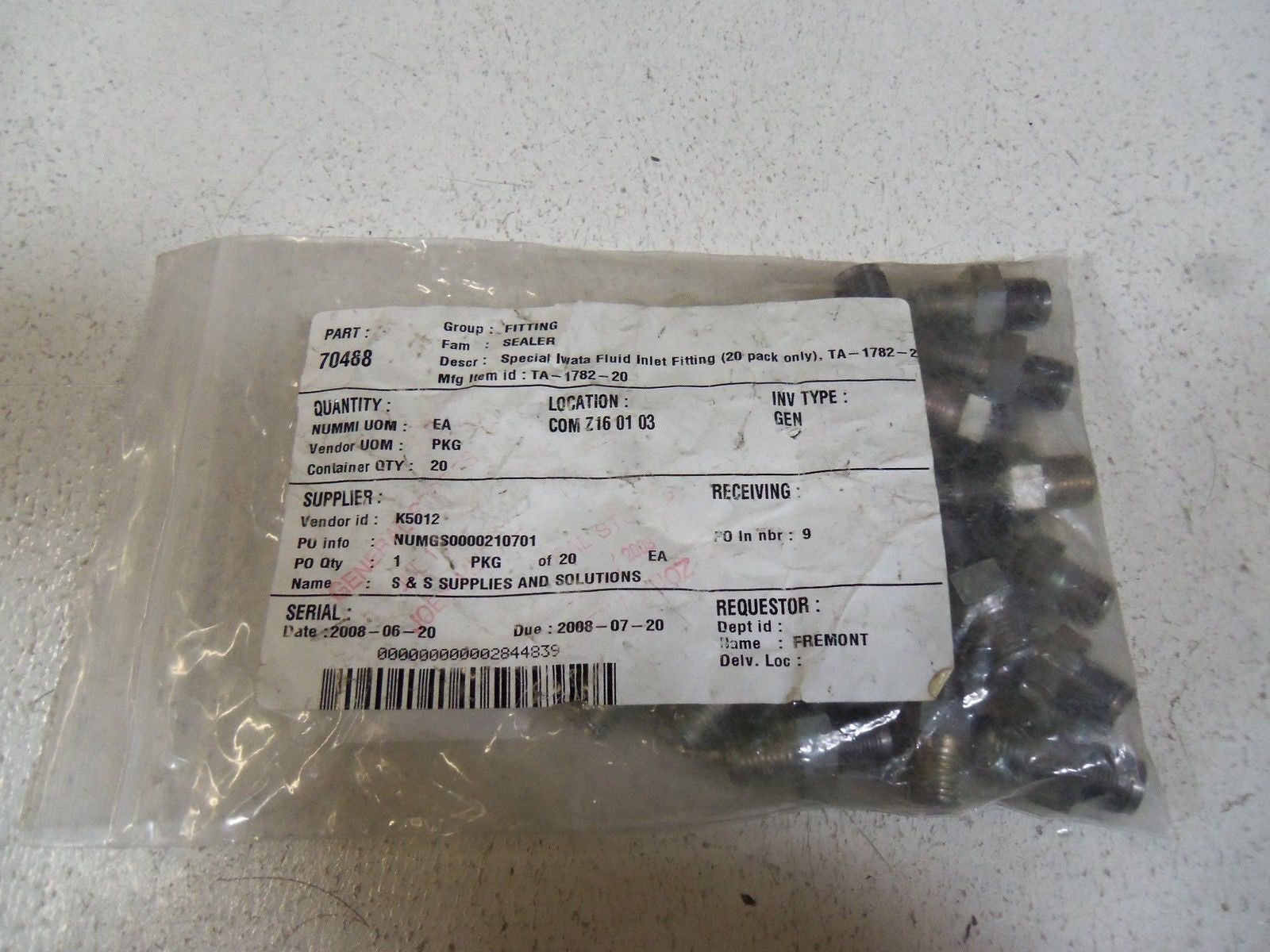 LOT OF 20 IWATA FLUID INLET FITTING TA-1782-20 *NEW NO BOX*