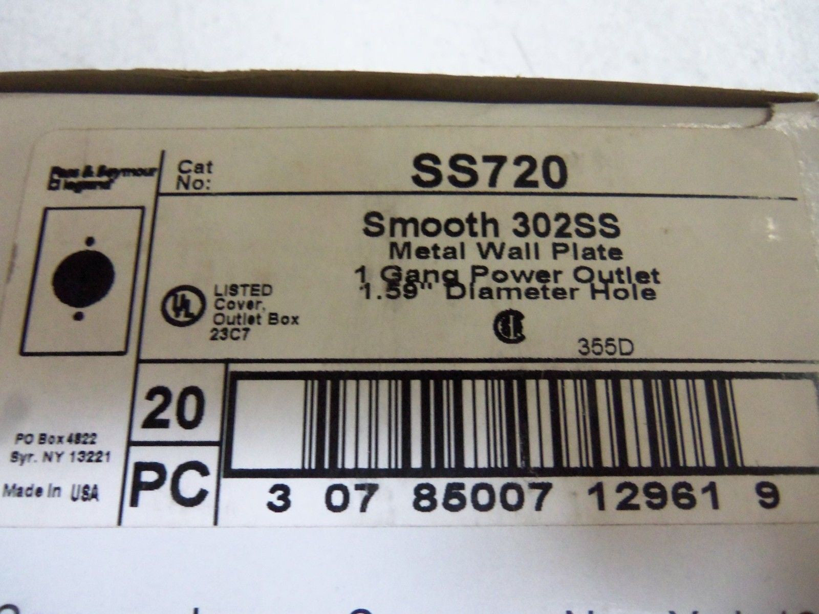 LOT OF 20 PASS & SEYMOUR SS720 METAL WALL PATE *NEW IN BOX*