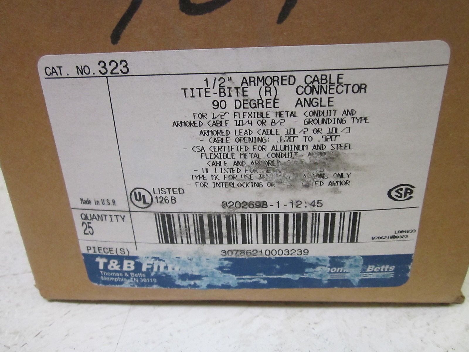 LOT OF 25 THOMAS & BETTS 323 ARMORED CABLE TITE BITE CONNECTOR *NEW IN BOX*