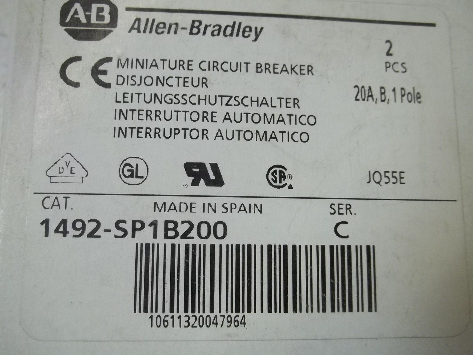LOT OF 2 ALLEN BRADLEY 1492-SP1B200 SER.C MINIATURE CIRCUIT BREAKER*NEW IN BOX