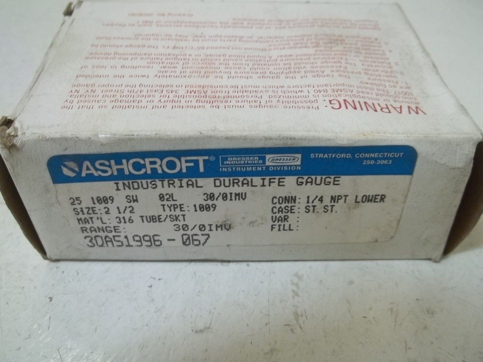 ASHCROFT 251009SW02L-30/0IMV PRESSURE GAUGE 30-0 IMV *NEW IN BOX*