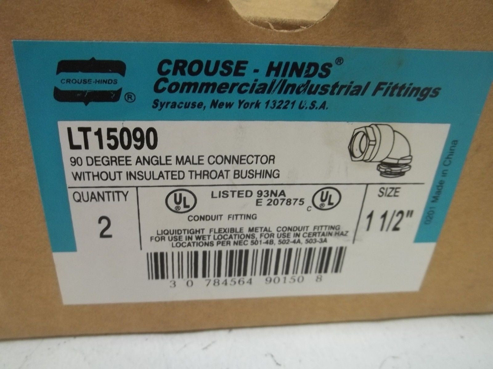 LOT OF 2 CROUSE-HINDS LT15090 90-DEGREE ANGLE MALE CONNECTOR 1-1/2"*NEW IN BOX