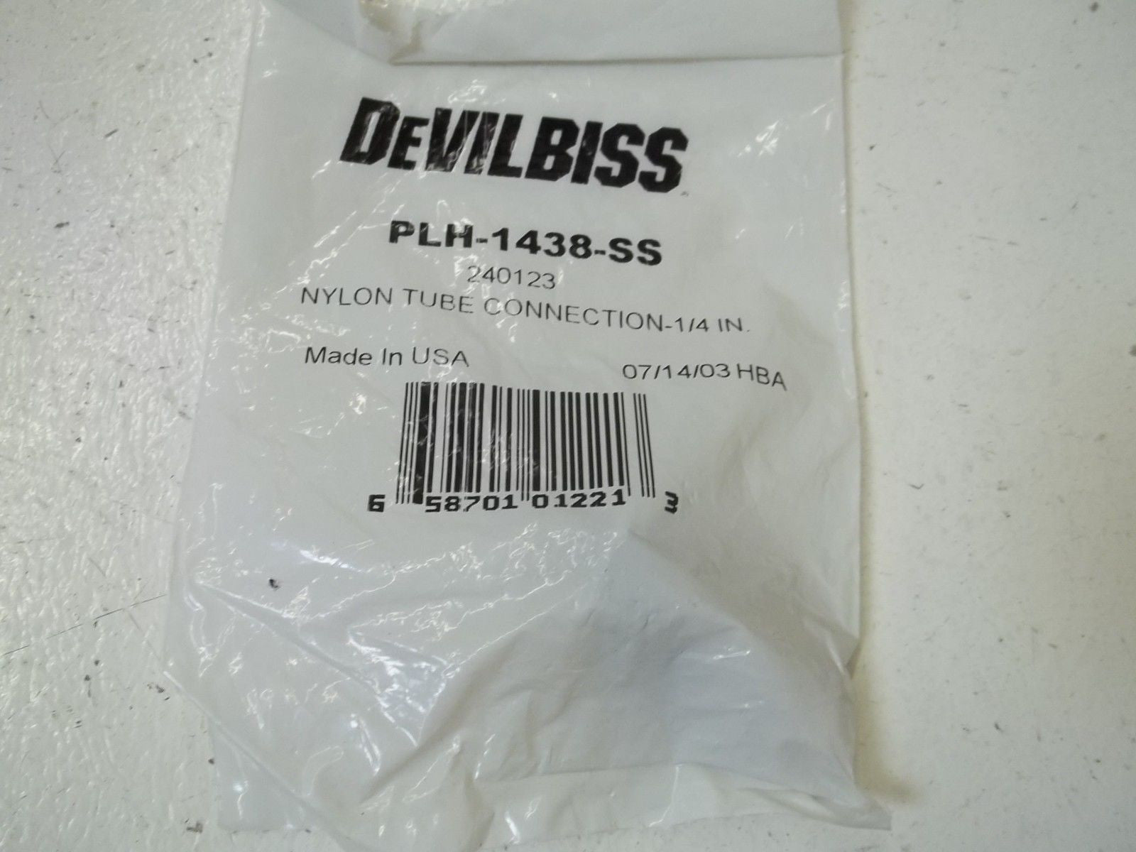 LOT OF 2 DEVILBISS PLH-1438-SS NYLON TUBE CONNECTION- 1/4"*NEW IN A FACTORY BAG*