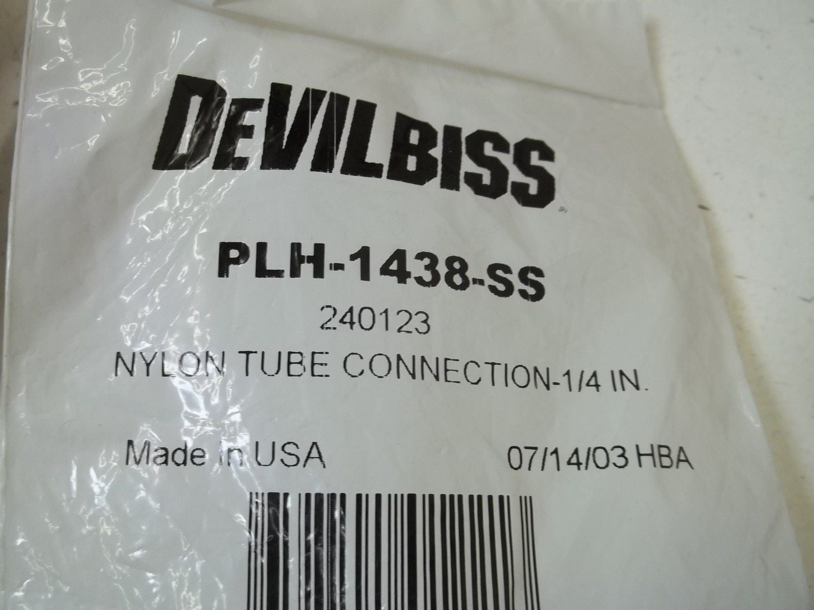 LOT OF 2 DEVILBISS PLH-1438-SS NYLON TUBE CONNECTION- 1/4"*NEW IN A FACTORY BAG*