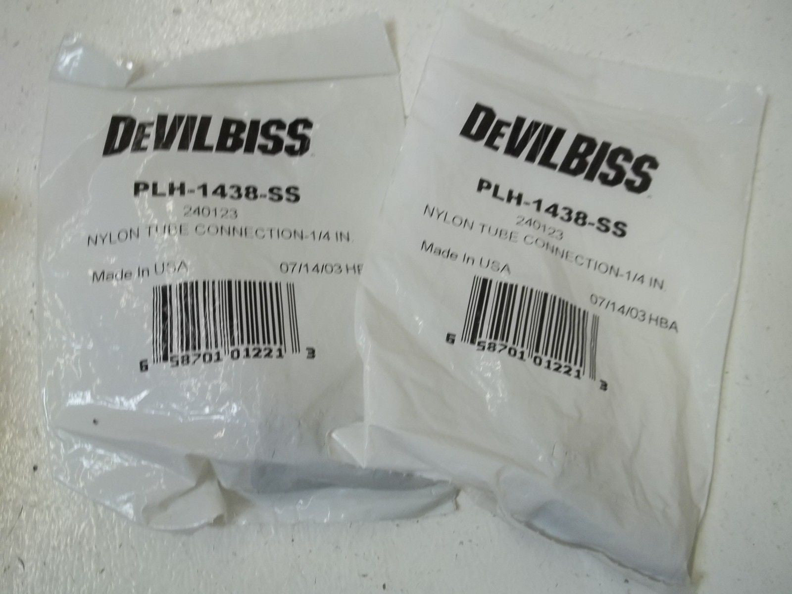 LOT OF 2 DEVILBISS PLH-1438-SS NYLON TUBE CONNECTION- 1/4"*NEW IN A FACTORY BAG*