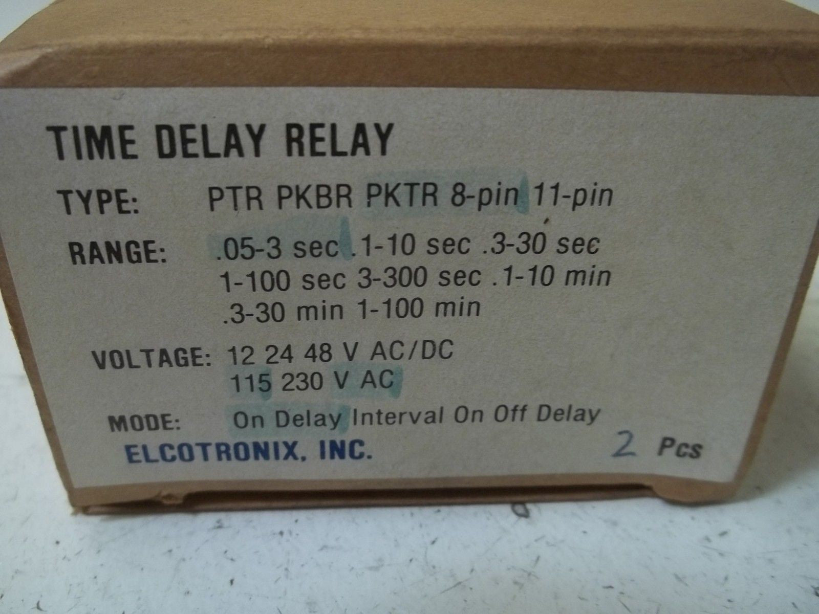 LOT OF 2 ELCOTRONIX INC. PTR RKBR PKTR TIME DELAY RELAY *NEW IN BOX*