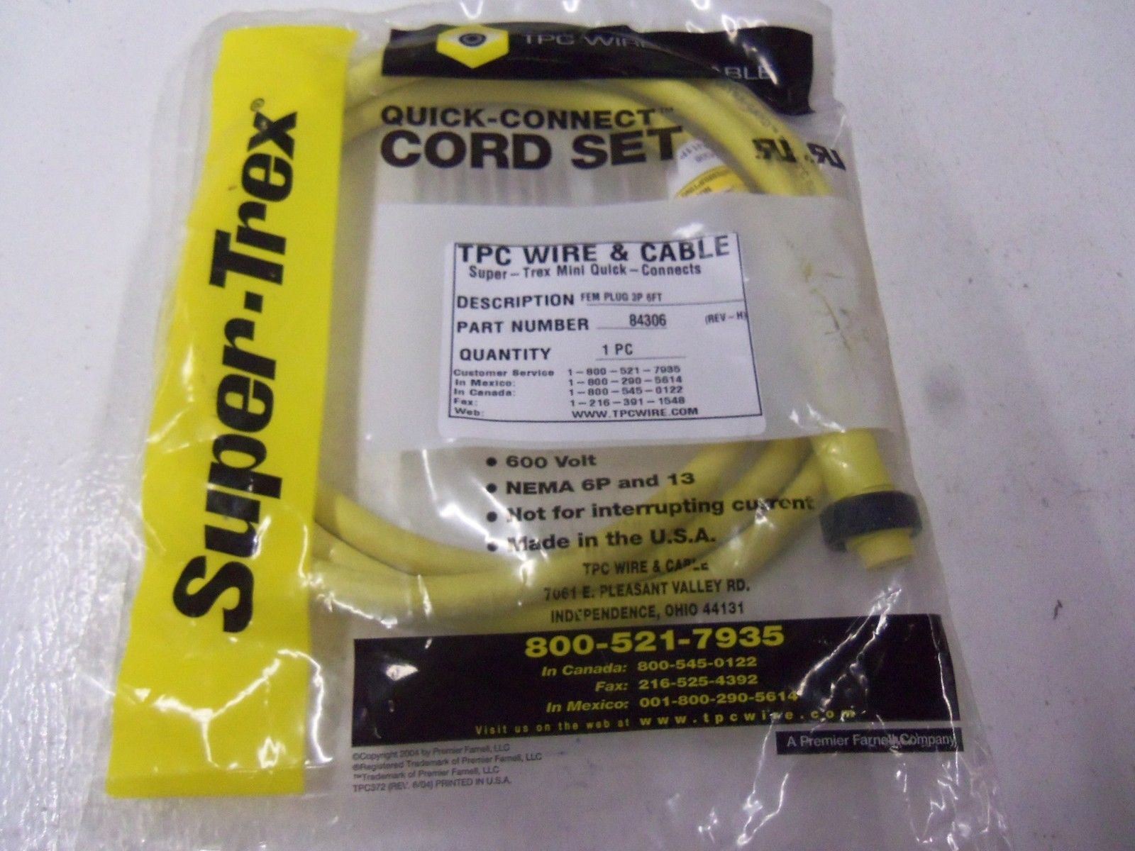 LOT OF 2 TPC WIRE & CABLE 84306 REV. H FEMALE PLUG 3P 6FT *NEW IN FACTORY BAG*
