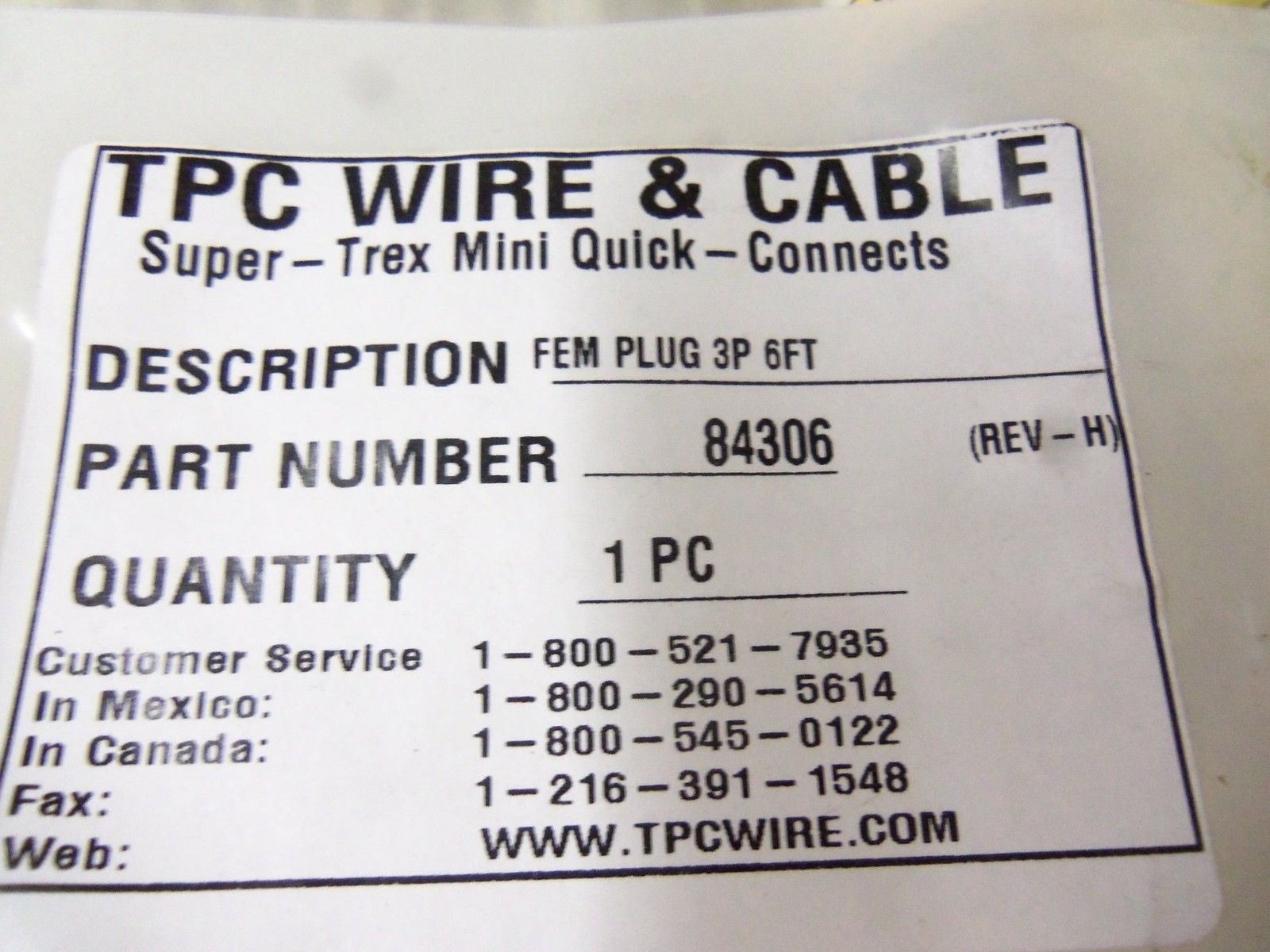 LOT OF 2 TPC WIRE & CABLE 84306 REV. H FEMALE PLUG 3P 6FT *NEW IN FACTORY BAG*