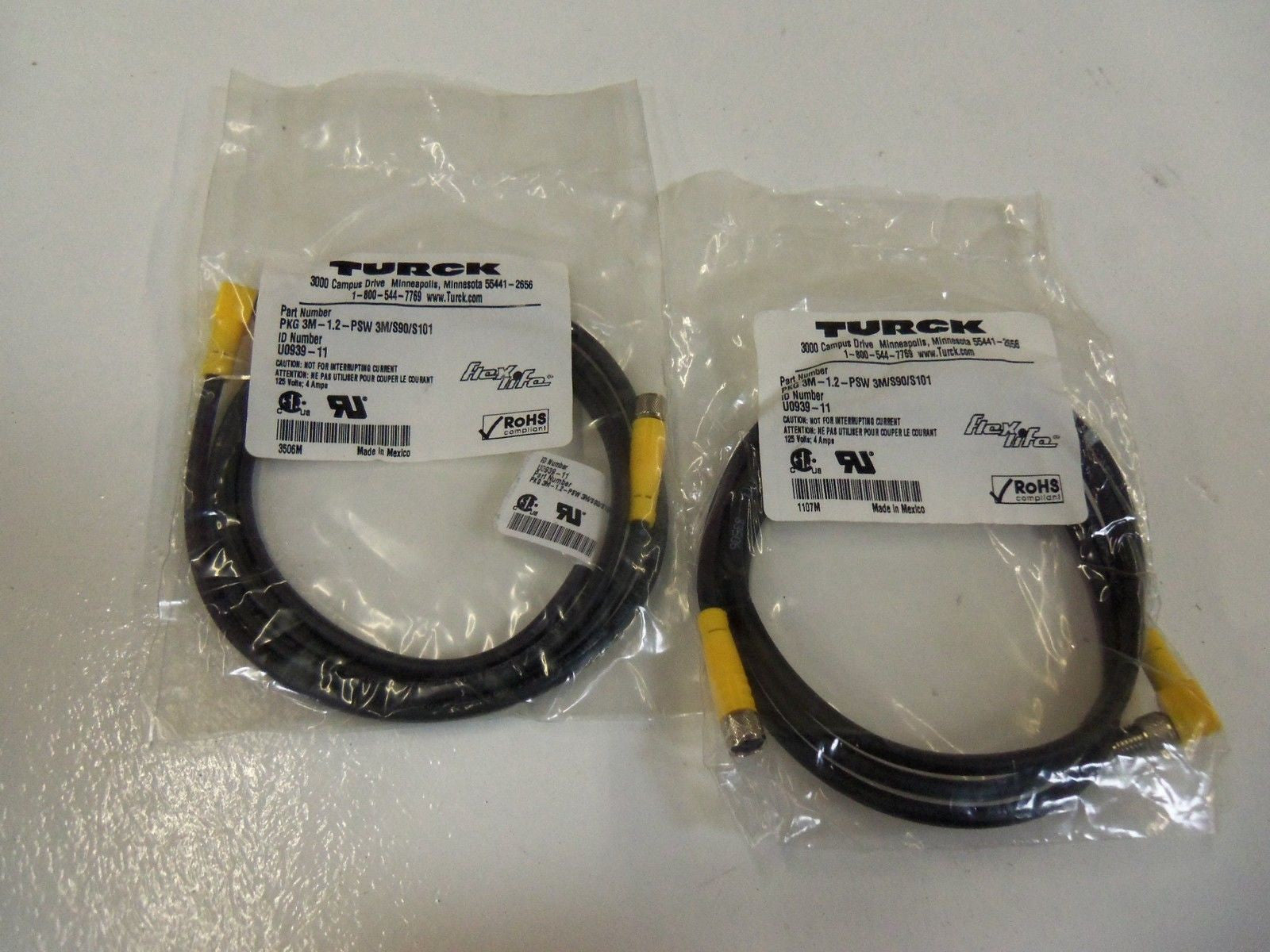 LOT OF 2 TURCK PKG 3M-1.2-PSW 3M/S90/S101 CONNECTOR  *NEW IN BAG*