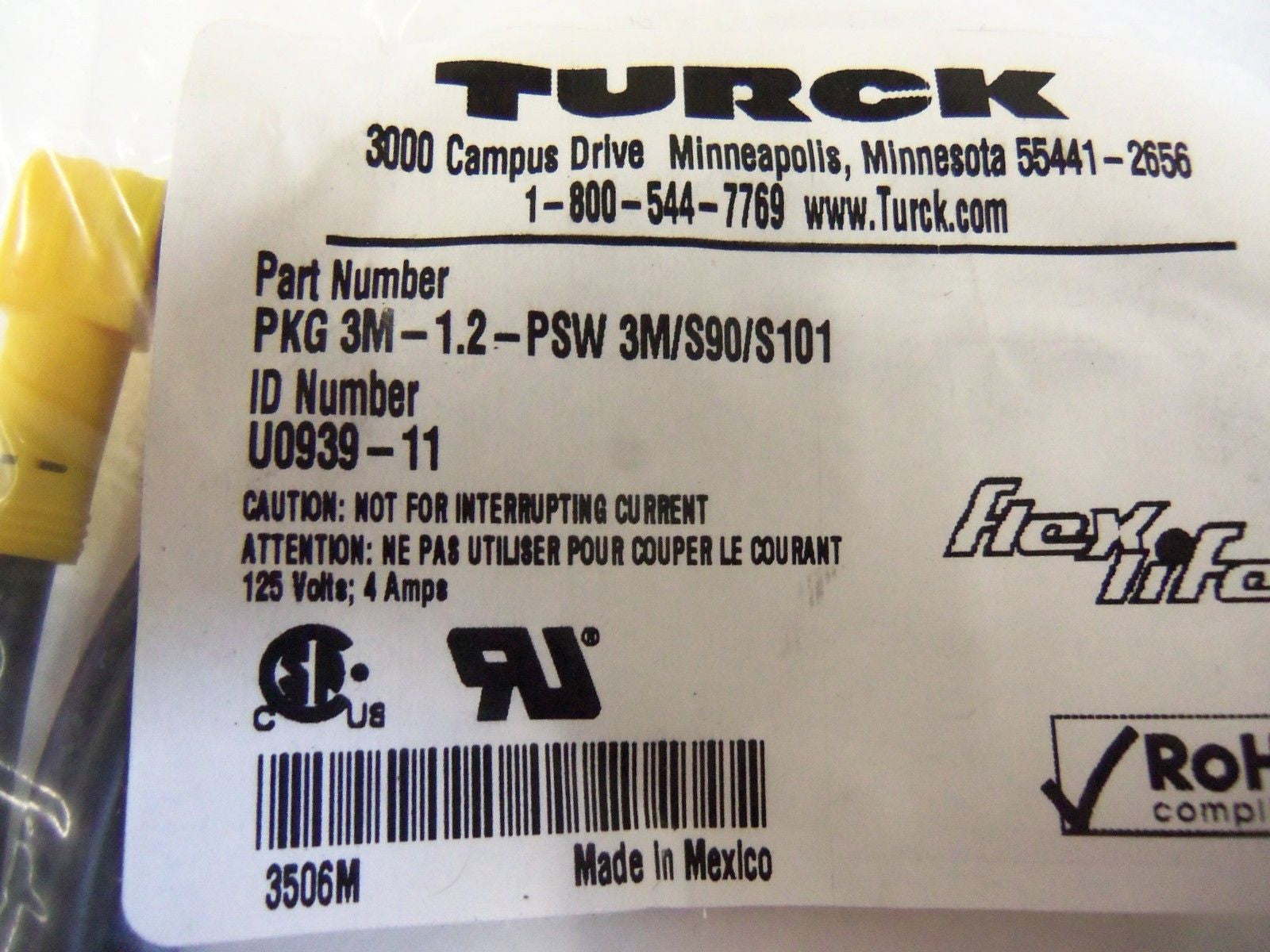LOT OF 2 TURCK PKG 3M-1.2-PSW 3M/S90/S101 CONNECTOR  *NEW IN BAG*