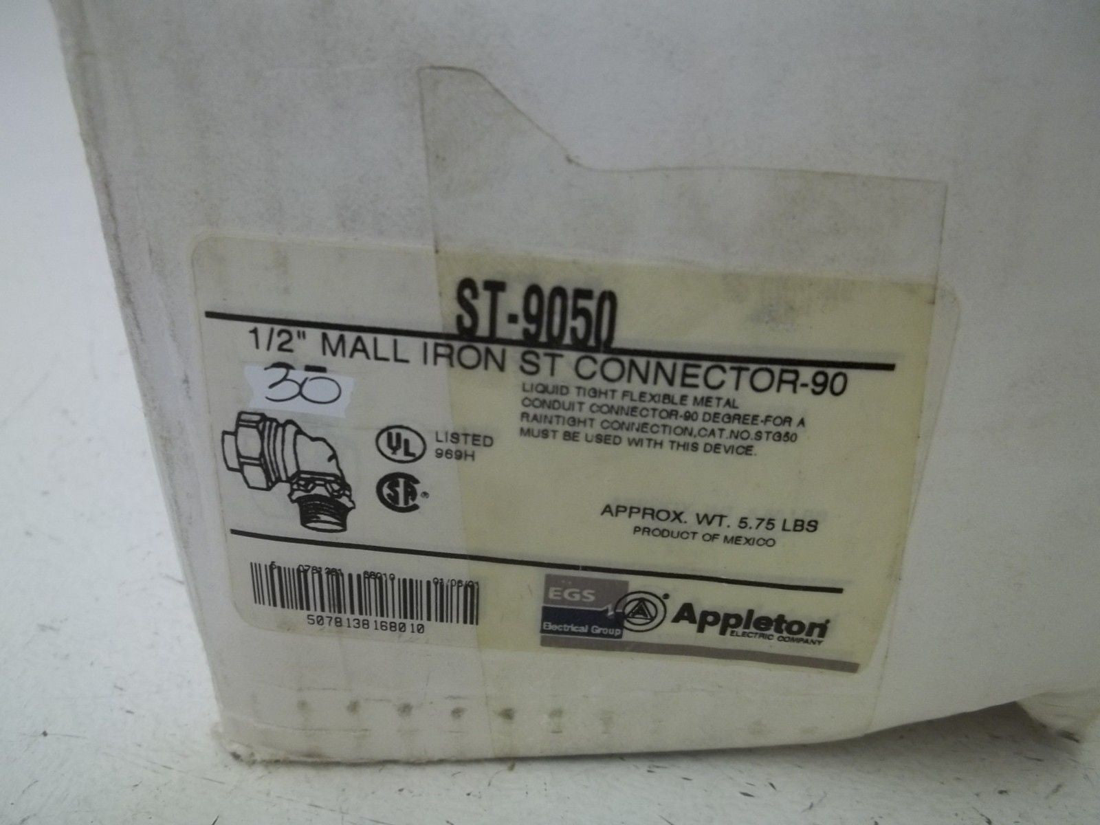 LOT OF 30 APPLETON ST-9050 1/2" MALL IRON ST CONNECTOR-90 *NEW IN BOX*