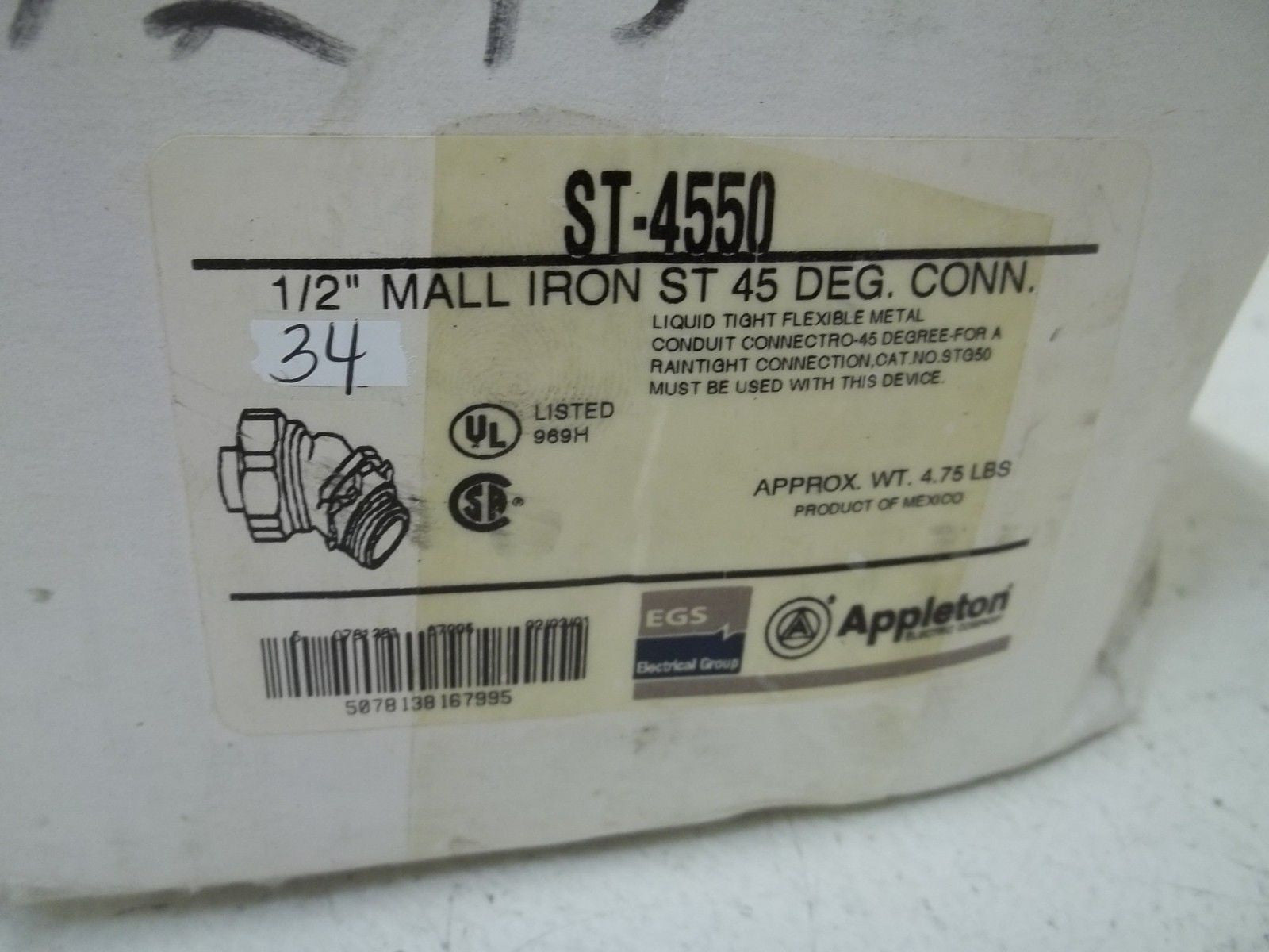 LOT OF 34 APPLETON ST-4550 1/2" MALL IRON ST 45 DEG. CONN. *NEW IN  A BOX*