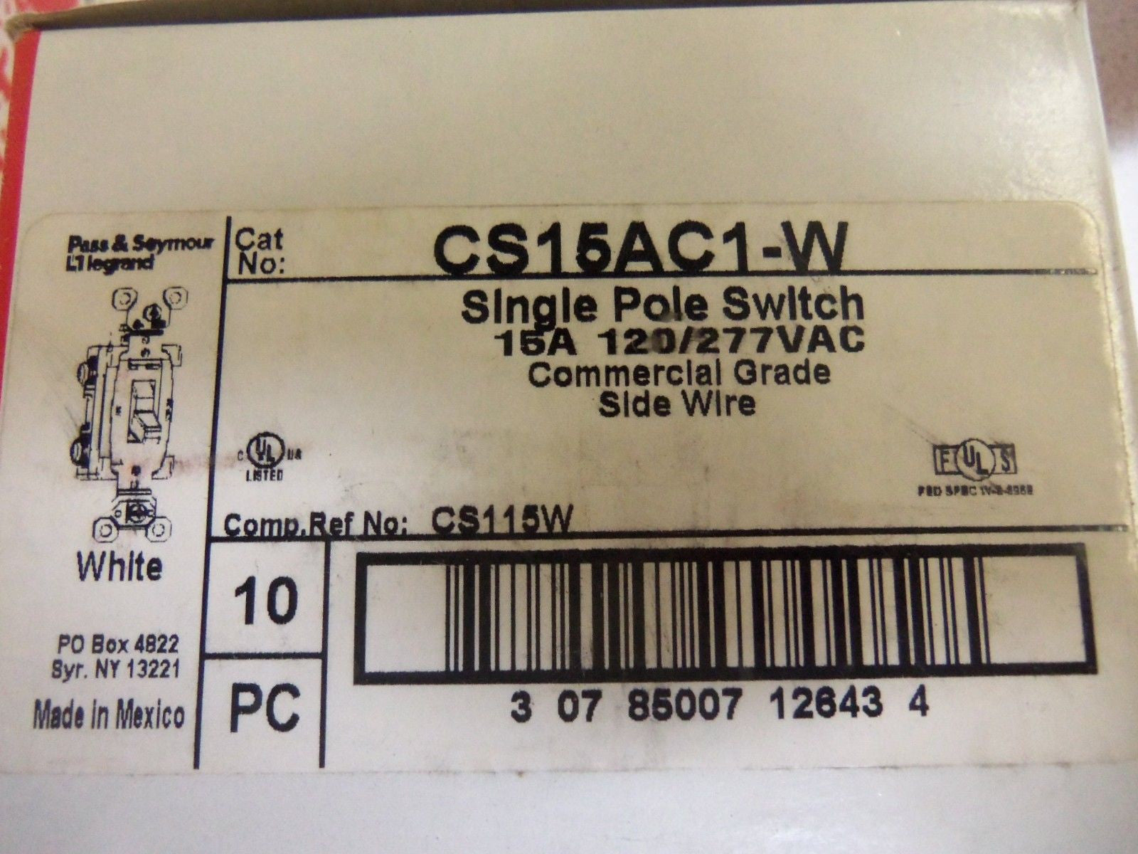 LOT OF 35  PASS & SEYMOUR CS15AC1-W SINGLE POLE SWITCH *NEW IN BOX*
