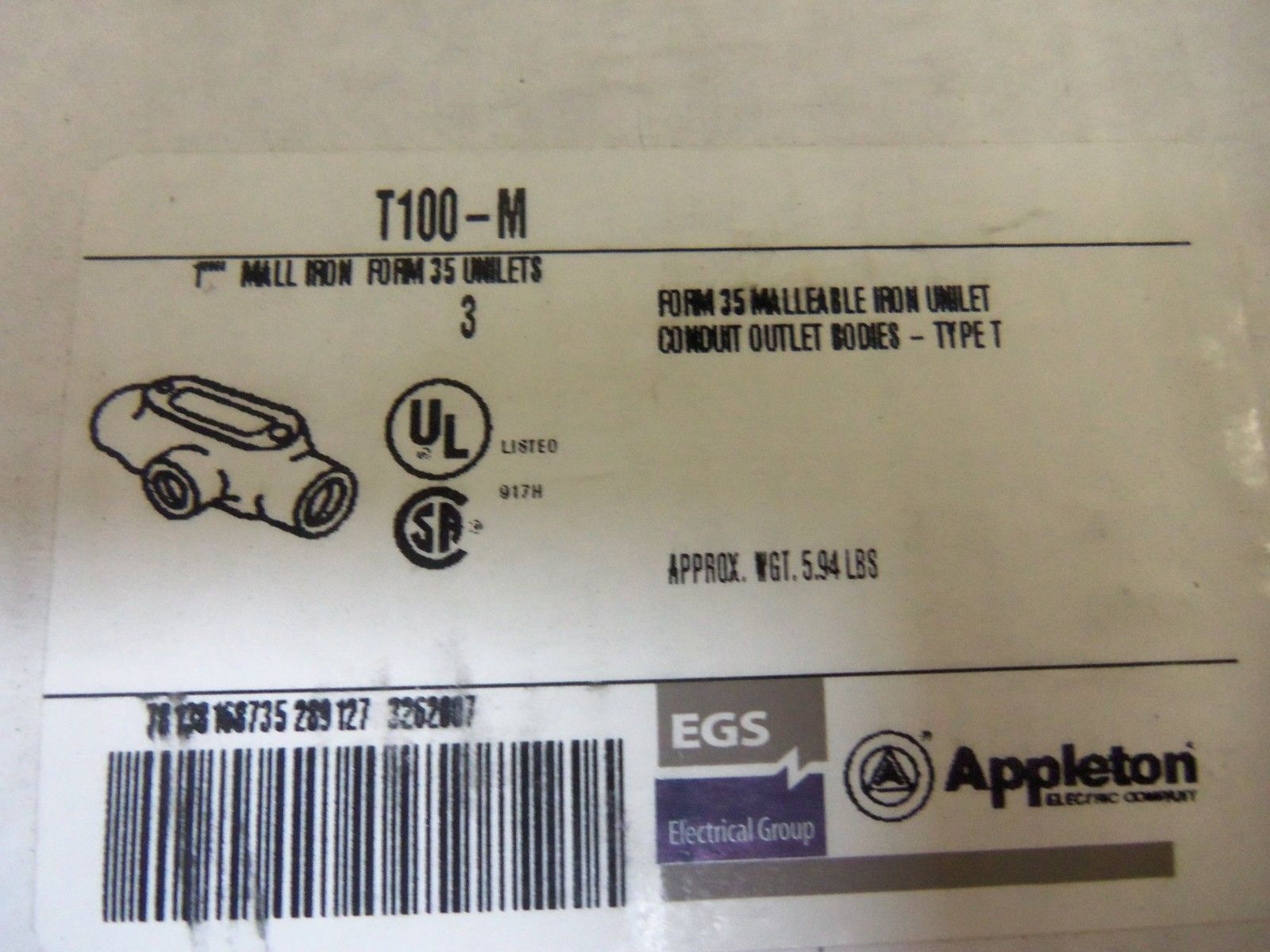 LOT OF 3 APPLETON T100-M CONDUIT *NEW IN BOX*
