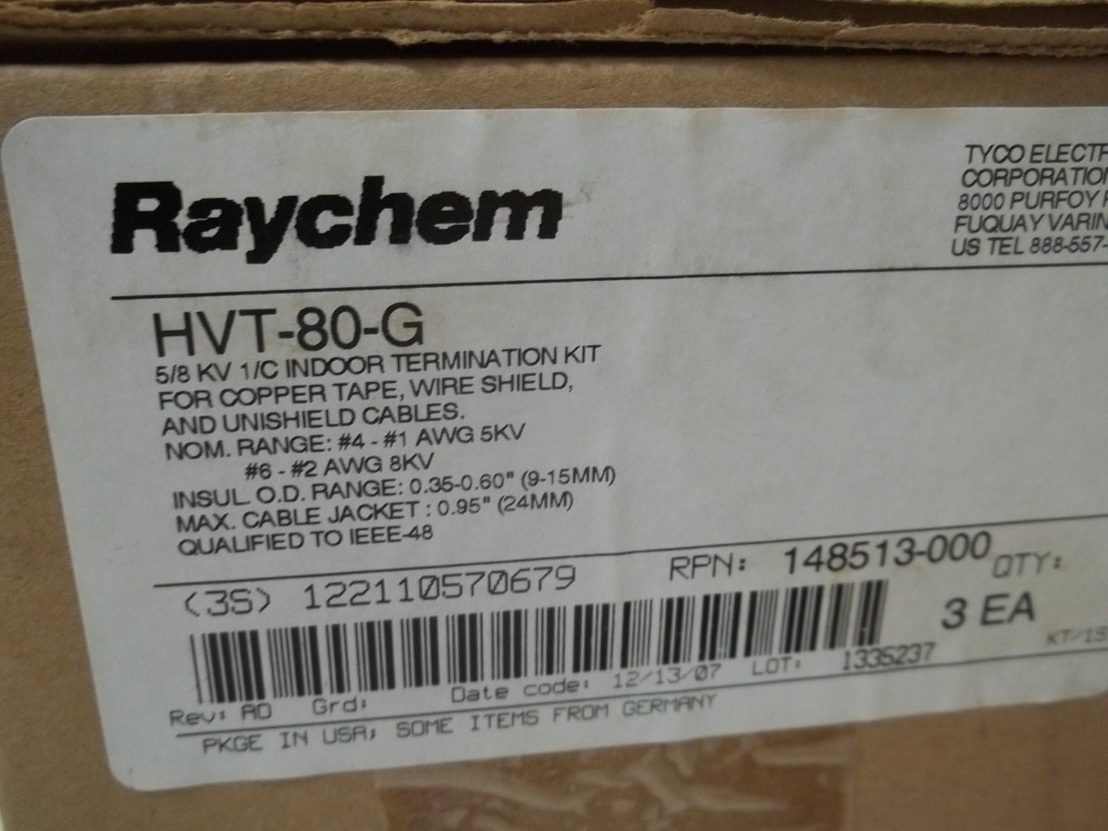 LOT OF 3 RAYCHEM HVT-80-G 5/8 KV 1/C INDOOR TERMINATION KIT *NEW IN BOX*