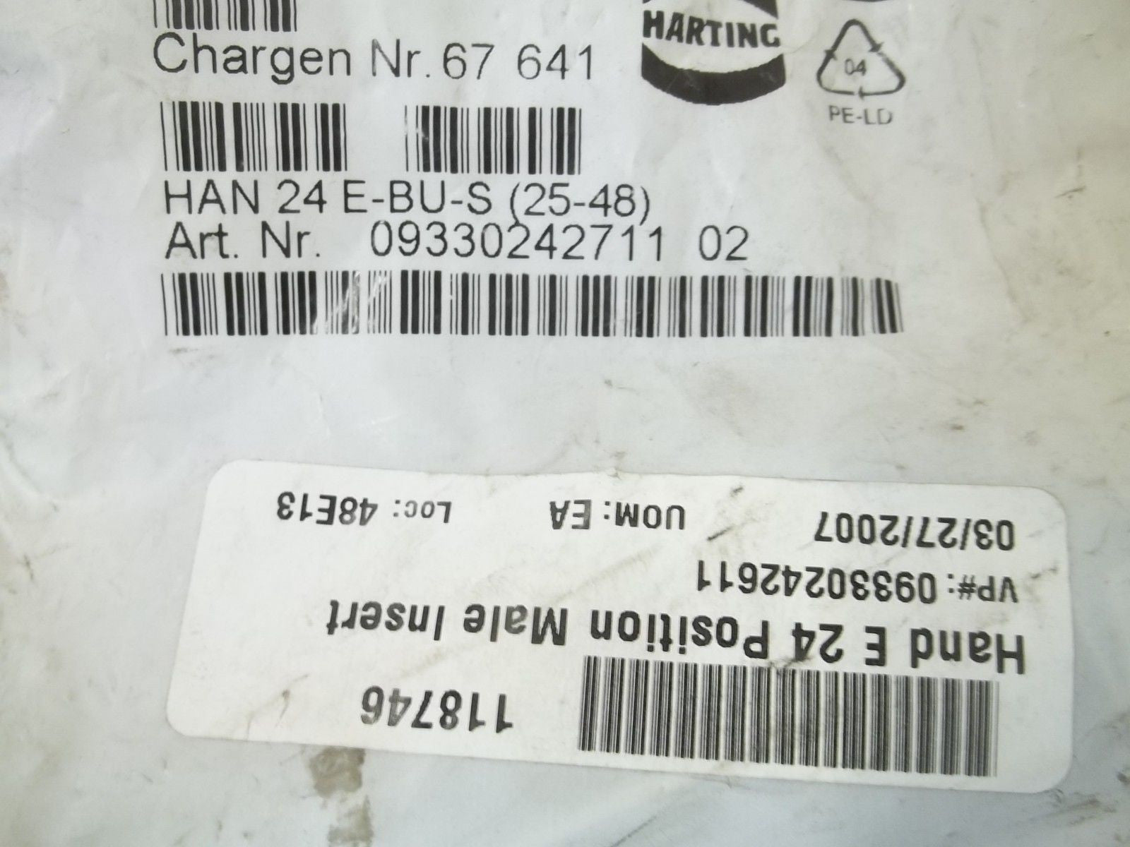 LOT OF 4 HARTING HAN24E-BU-S (25-28) MALE INSERT CONNECTOR*NEW IN A FACTORY BAG*