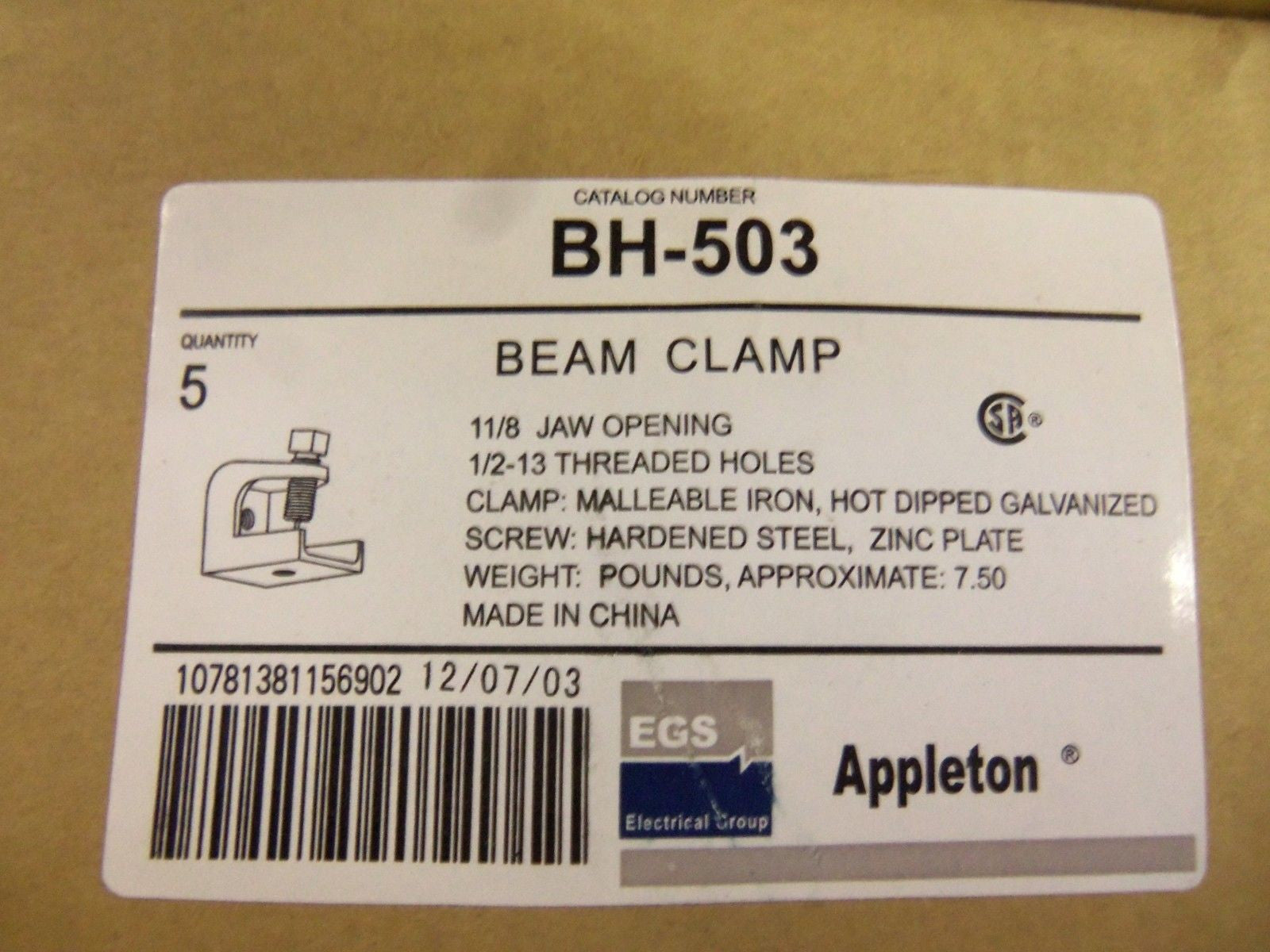 LOT OF 5 APPLETON BH-503 BEAM CLAMP *NEW IN BOX*